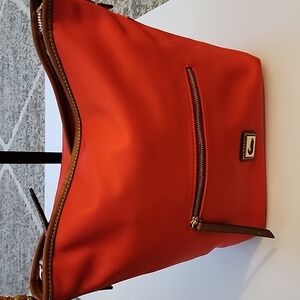 Dooney & Bourke Wayfarer Hobo Crossbody in Red Nylon with Brown Leather.